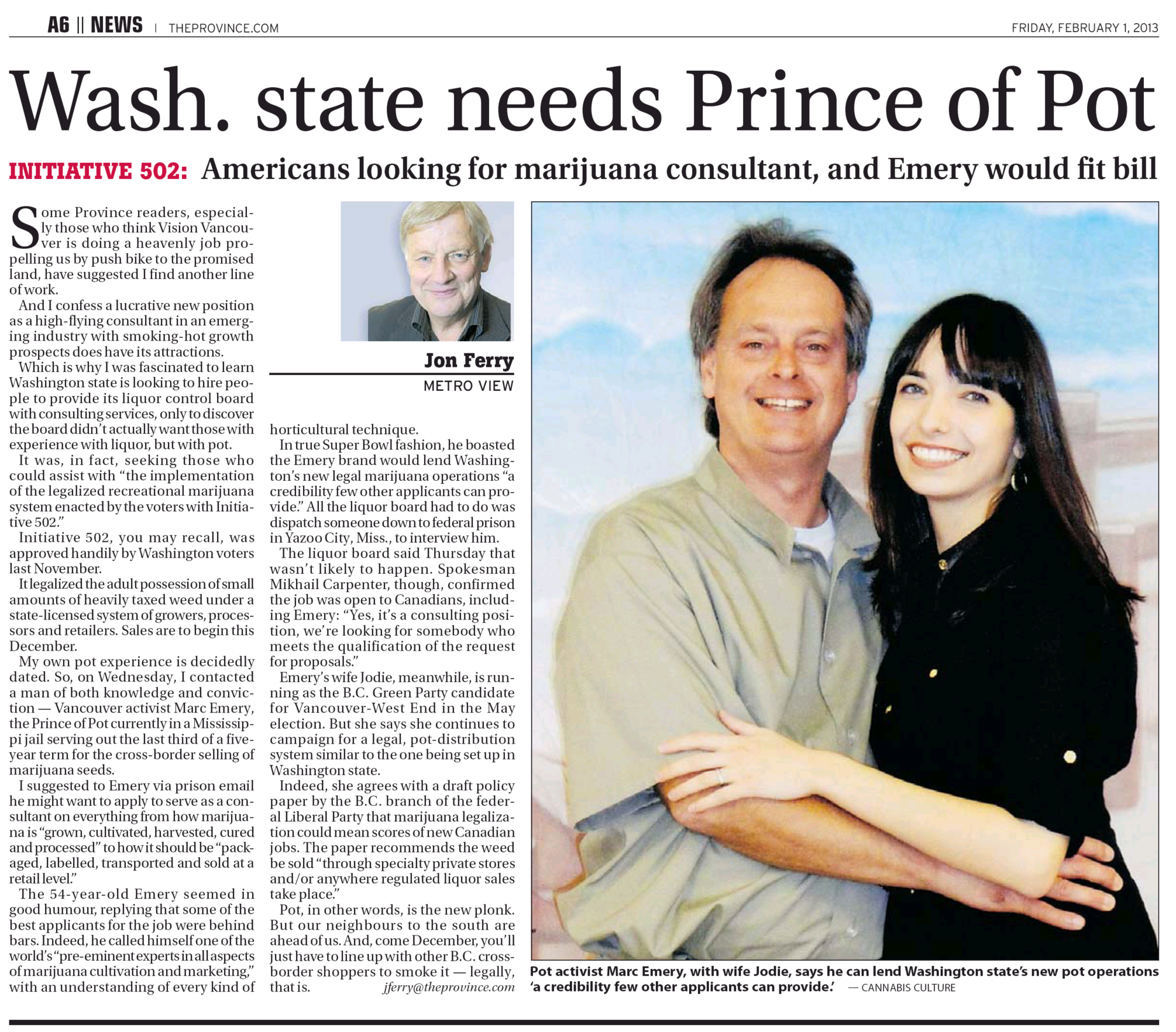 Marc and Jodie, Province newspaper