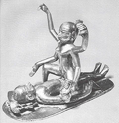 A bronze of Kali seated in intercourse with the corpse-image of Shiva. Rajasthan, 18th Century